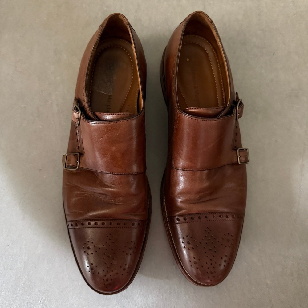 Johnston & Murphy Mens Tan Leather Double Monk Strap Brogue Shoes 11.5M